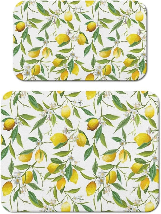 Dish Drying Mat for Kitchen Counter 2 Pack with Non-Slip Rubber Backing - Heat-Resistant Absorbent Coffee Bar Mat, Dish Rack Mat, Lemon Dish Drying Mats 18x24+19.5x12 inch