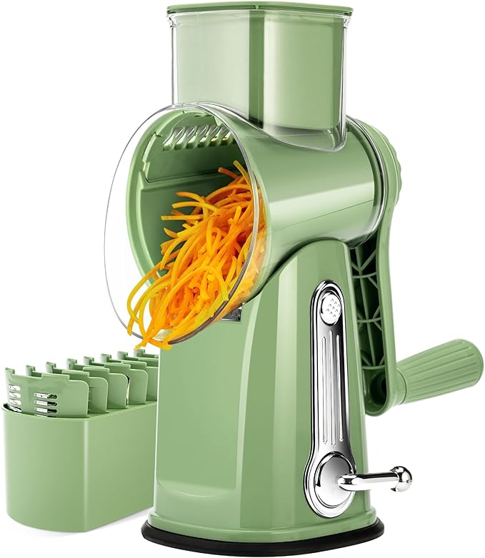 SUSTEAS Rotary Cheese Grater with Handle - Vegetable Shredder with 5 Well-designed Blades & Strong Suction Base,Round Mandoline Slicer & Food Chopper for Kitchen,with Blade Storage Box(Retro Green) by SUSTEAS