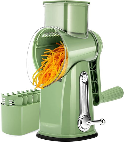 SUSTEAS Rotary Cheese Grater with Handle - Vegetable Shredder with 5 Well-designed Blades & Strong Suction Base,Round Mandoline Slicer & Food Chopper for Kitchen,with Blade Storage Box(Retro Green) by SUSTEAS