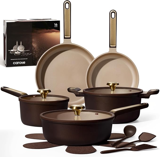 CAROTE Pots and Pans Set Nonstick, 16pcs Cookware Set Nonstick Non-Toxic & PFOA&PFOS-Free, Dishwasher, RV/Camping Cookware Set, Cooking Pots with Lids, Brown by CAROTE