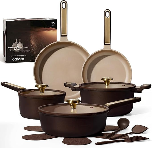 CAROTE Pots and Pans Set Nonstick, 16pcs Cookware Set Nonstick Non-Toxic & PFOA&PFOS-Free, Dishwasher, RV/Camping Cookware Set, Cooking Pots with Lids, Brown by CAROTE
