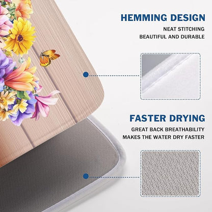 Spring Colorful Flowers Dish Drying Mat for Kitchen Counter,Vintage Plants Mason Jar Butterflies Drying Mat 18 x 24 Inch with Absorbent Reversible Microfiber Dish Drying Pad for Coffee Bar - Image 4