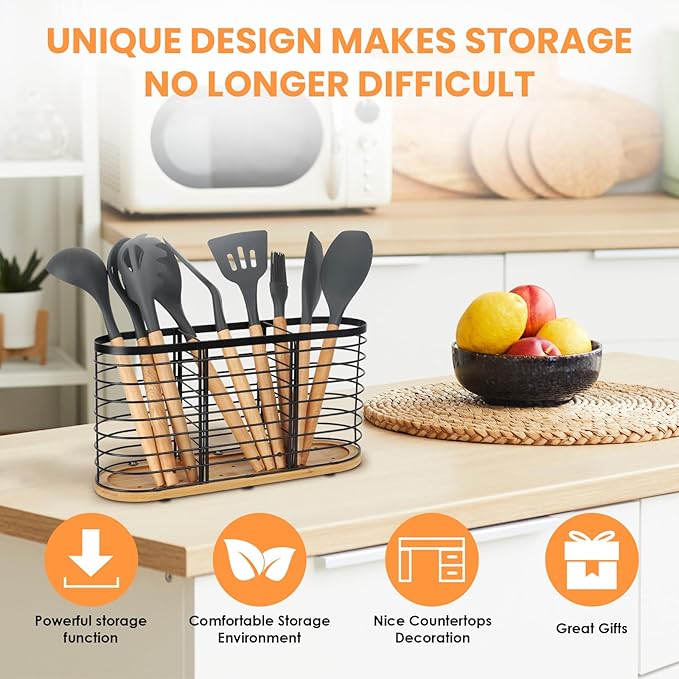 Utensil holder for Kitchen Counter- Large Utensils Holder For Farmhouse Cooking 13.5" x 4.3" x 6.9" with Wooden Base Matte Black Cooking Utensil Holder Spatula Holder Utensil Caddy - Image 2