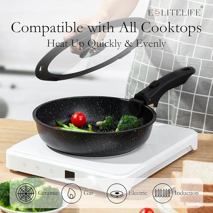 ESLITE LIFE Nonstick Ceramic Frying Pans Skillets Set with Lids & Detachable Handle, Non-Toxic Egg Omelette Kitchen Cooking Pans Compatible with All Stovetops, PTFE & PFOA Free, Black, 7-Piece - Image 6