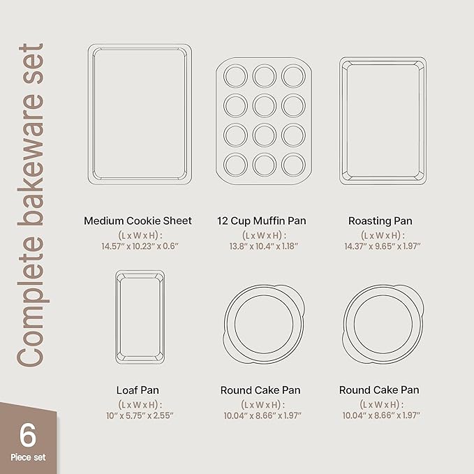 BAKKEN 6-Piece Kitchen Baking Pan Set - Commercial Grade Carbon Steel Bakeware, With Nonstick Coating, Stackable and Space-saving Design, PFOA, PFOS, PTFE Free, Oven Safe Tray (Up To 450°F), Brown - Image 2