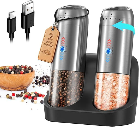 Gravity Electric Salt and Pepper Grinder Set with Rechargeable Base, 2-Speed Grinding Control Stainless Steel Pepper Mill Set with Adjustable Coarseness, LED Light & 176ml Large Capacity by CIRCLEJOY