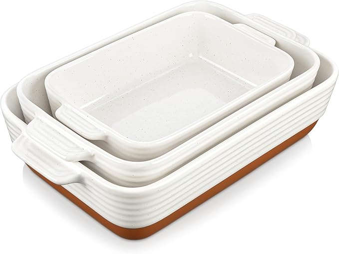 MALACASA Casserole Dishes for Oven, Ceramic Baking Dishes Set of 3, Baking Pan Casserole Dish Set, Rectangular Lasagna Pan Deep with Handles for Baking, Khaki White (14.5''/13''/10.5''), Series TARA by MALACASA