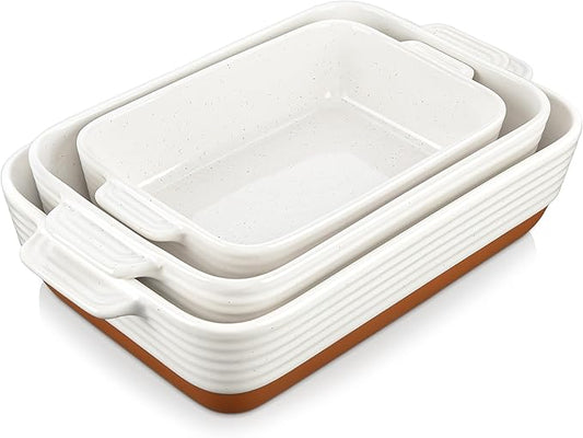 MALACASA Casserole Dishes for Oven, Ceramic Baking Dishes Set of 3, Baking Pan Casserole Dish Set, Rectangular Lasagna Pan Deep with Handles for Baking, Khaki White (14.5''/13''/10.5''), Series TARA by MALACASA