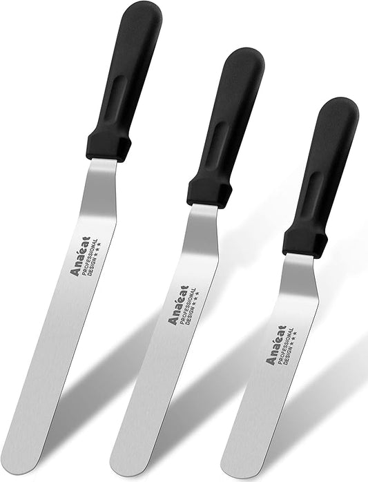 Anaeat Icing Spatulas, Set of 3 Professional Cake Angled Offset Spatula with 6", 8", 10" Stainless Steel Blades - Thickened Frosting Knife with Plastic Handle for Cake Decorating, Pastry & Baking by Anaeat