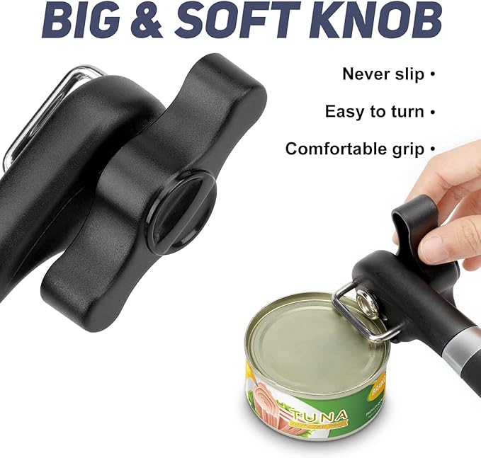 Side Cut Can Opener Smooth Edge, Safety Can Opener with Durable Sharp Blade, Big & Soft Turn Knob & Comfortable Non-Slip Handle, Black - Image 3