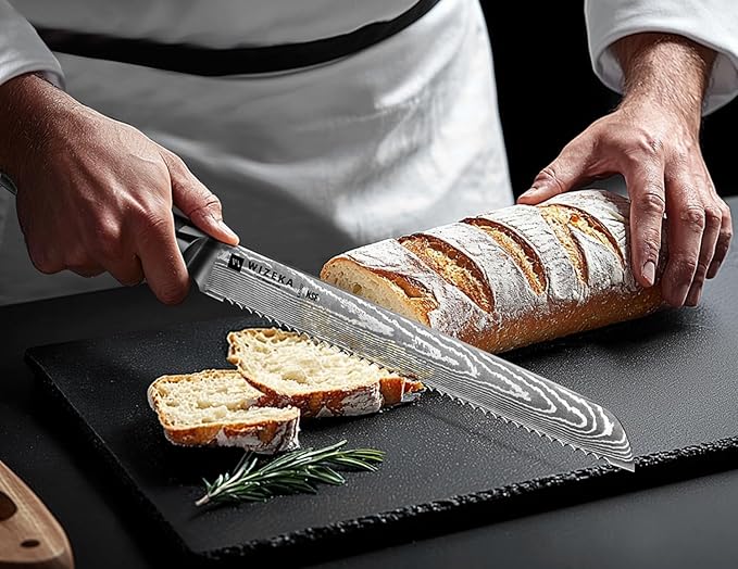 WIZEKA 10 inch Damascus Serrated Bread Knife for Homemade Bread: Razor Sharp VG10 Damascus Steel Multifunction Serrated Knife for Slicing Homemade Bread, Bagels, Cake - Image 6