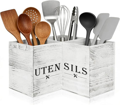 Extra Large Utensil Holder with 3 Compartments, Durable Wooden Utensil Organizer for Kitchen Countertop, Spatula and Spoon Holder Farmhouse Decor (White Grain) by Himake