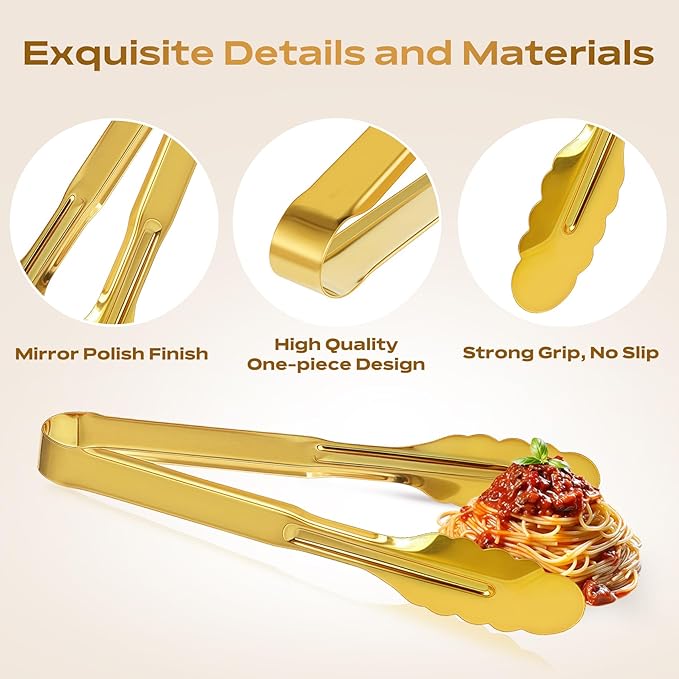 4 Pack Stainless Steel Serving Tongs, 9 Inch Gold Salad Tongs Serving Utensils Buffet Tongs Gold Plated Heavy Duty Reusable Metal Kitchen Clips for Salad, Snack, Barbecue, Catering, Wedding, Party - Image 3
