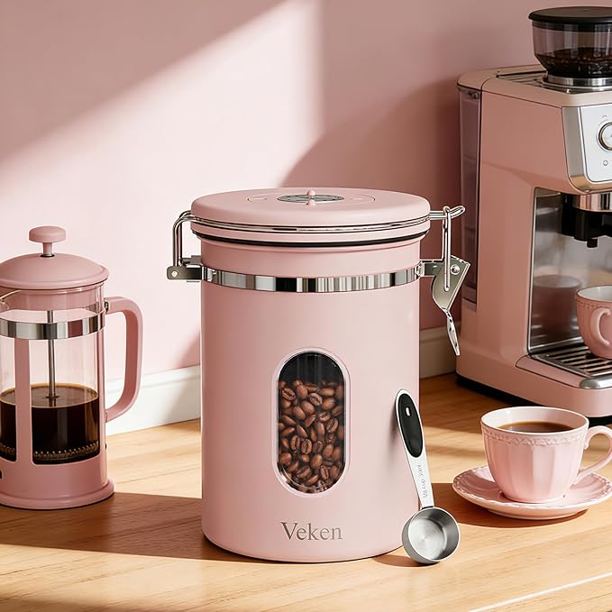 Veken Coffee Canister with Window, Airtight Stainless Steel Kitchen Food Storage Container with Lids, Date Tracker and Scoop for Grounds Coffee, Beans, Tea, Flour, Cereal, Sugar Jars, 22OZ, Pink - Image 3