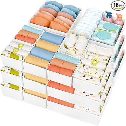 DIMJ Drawer Organizer Clothes, 18 Pack Dresser Organizer, Foldable Closet Organizers and Storage, Fabric Bins, Drawer Dividers for Nursery, Baby Clothes, Underwears, Sock (White) by DiMJ