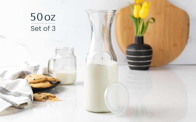Glass Carafe Pitchers, by Kook, Large Carafe - set of 3, Beverage Dispensers, Clear Jugs For Mimosas, Water, Wine, Milk and Juice, with Plastic Lids, 50 oz Dishwasher Safe - Image 6