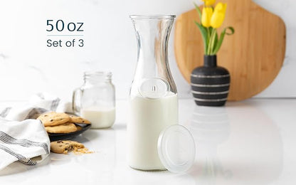 Glass Carafe Pitchers, by Kook, Large Carafe - set of 3, Beverage Dispensers, Clear Jugs For Mimosas, Water, Wine, Milk and Juice, with Plastic Lids, 50 oz Dishwasher Safe - Image 6