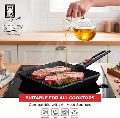 BRA COOKWARE Infinity Nonstick Ribbed Grill Pan (11x11 Inch) | Cast Aluminum Searing Skillet | Removable Handle | PFOA/PFAS Free Square Griddle | All Cooktops (incl Induction) Grilling Skillet