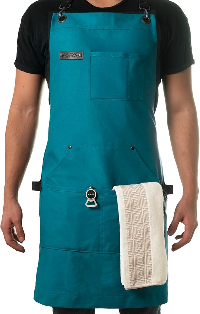Asaya Chef and BBQ Apron with Bottle Opener and Hand Towel - 10oz Cotton Canvas, Stainless Steel Hardware - Cross Back Straps by AsayaChefProducts