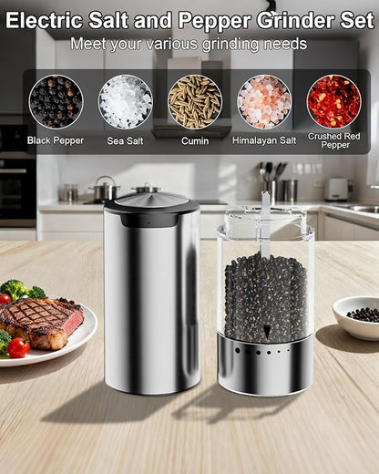 Electric Salt and Pepper Grinder Set - 6 Adjustable Coarseness, One-Handed Operation Design - Automatic Salt and Pepper Shakers with Rechargeable Base, Larger Capacity - for Kitchen, BBQ, Gift