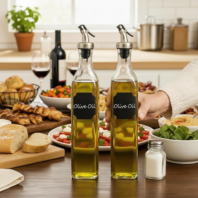 WERTIOO 6 PACK Glass Olive Oil Dispenser Bottle, 17 OZ/500ml Oil Dispenser for Kitchen with 6 Pourer, 3 Stainless Steel Funnel & 1 Pen and 8 Label for Kitchen - Image 6