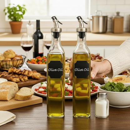 WERTIOO 6 PACK Glass Olive Oil Dispenser Bottle, 17 OZ/500ml Oil Dispenser for Kitchen with 6 Pourer, 3 Stainless Steel Funnel & 1 Pen and 8 Label for Kitchen - Image 6