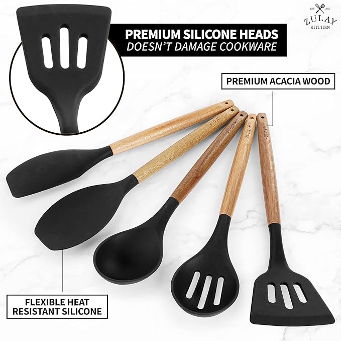 Zulay Kitchen Non-Stick Cooking Utensils Set with Authentic Acacia Wood Handles – 5-Piece Durable & Stylish Silicone Kitchen Utensils Set – Heat Resistant to 464°F – Black - Image 2