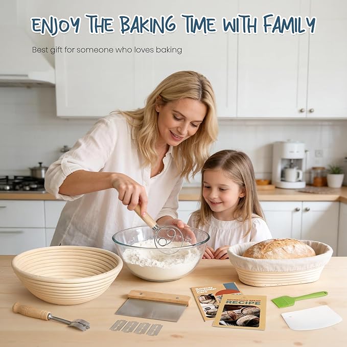 RORECAY Bread Banneton Proofing Basket Set, 9 Inch Round & 10 Inch Oval Cane Sourdough Baskets with Dough Whisk Lame Dough Scraper Bowl Scraper Silicone Brush Sourdough Bread Baking Supplies - Image 7