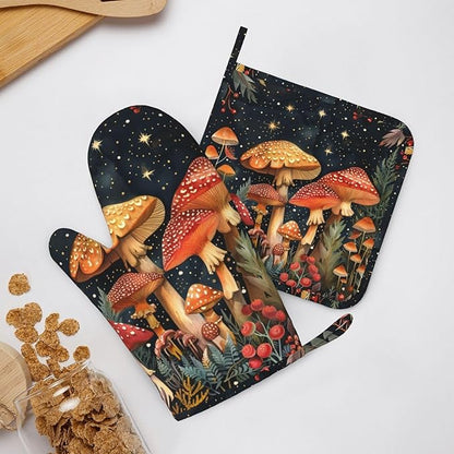 Oven Mitts and Pot Holders Mushroom Forest Vintage Silicone Kitchen Accessories Set of 4 Heat Resistant Long Gloves Potholder Non-Slip Grip for Chef Cooking Baking Grilling BBQ