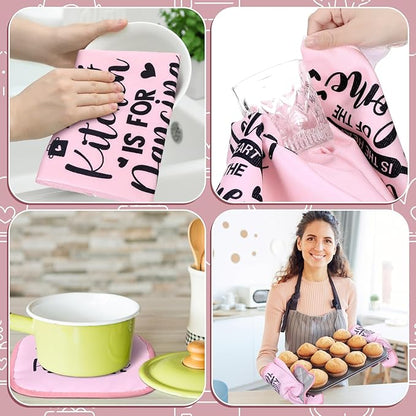 Fourluoo 10 Pcs Farmhouse Kitchen Decor and Accessories Set 4 Kitchen Towels 2 Pot Holders 2 Oven Mitts 2 Rugs for Cooking Baking Mom Housewarming Gifts(Pink,Classic Style) - Image 4