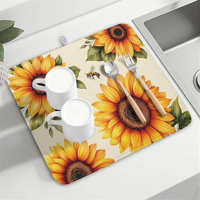 Spring Summer Dish Drying Mat 16x18 Inch Absorbent Reversible Sunflower Drying Mat Sunflower Bee Dish Drying Rack Mat Yellow Summer Themed Dish Drainer Mat for Kitchen Counter Coffee Bar