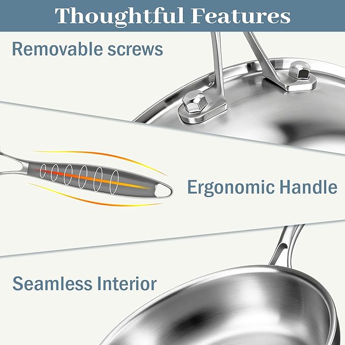 Stainless Steel Cookware Set - 10.26-Inch 3-Ply Heavy Duty Kitchen Set, Detachable Handle, Induction Compatible, Oven and Dishwasher Safe for All Cooktops - Image 4