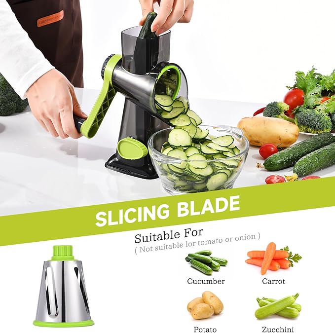 Rotary Cheese Grater with Handle Kitchen Shredder Slicer Grater Slicer Ice Shaver Cheese Vegetable Nuts Potato Zucchini Chocolate 3 Interchangeable Blades (Green TSP) - Image 3