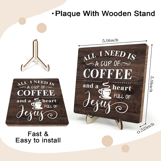 Coffee Bar Sign Plaque Decor-A Heart Full of Jesus,Cafe Bar Accessories,Christian Rustic Wooden Tabletop Plaque with Stand, Faith Scripture Mini Counter Sign for Kitchen Coffee Station Office 5.9x5.9 - Image 2