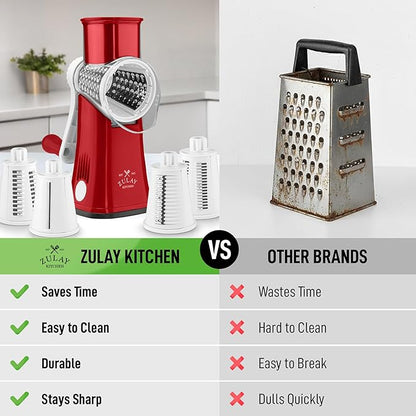Zulay Kitchen Rotary Cheese Grater 5 Blade Cheese Shredder - Manual Hand Crank Cheese Grater With Reinforced Suction & 5 Interchangeable Drums - Easy to Use, Vegetable Chopper Round Mandoline Slicer - Image 2