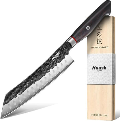 Huusk Santoku Japanese Chef Knife - Hand Forged Chef's Knives with VG10 Steel Core, Ultra Sharp 8 inch Kitchen Knife with Ergonomic Ebony Handle, Premium Wooden Gift Box for Men Women by HuuskKnife