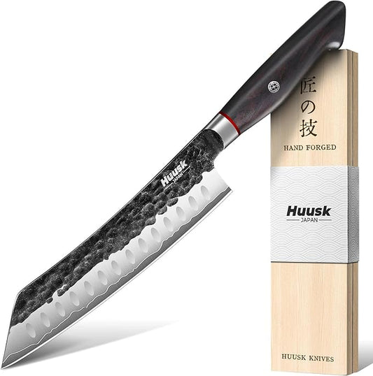 Huusk Santoku Japanese Chef Knife - Hand Forged Chef's Knives with VG10 Steel Core, Ultra Sharp 8 inch Kitchen Knife with Ergonomic Ebony Handle, Premium Wooden Gift Box for Men Women by HuuskKnife