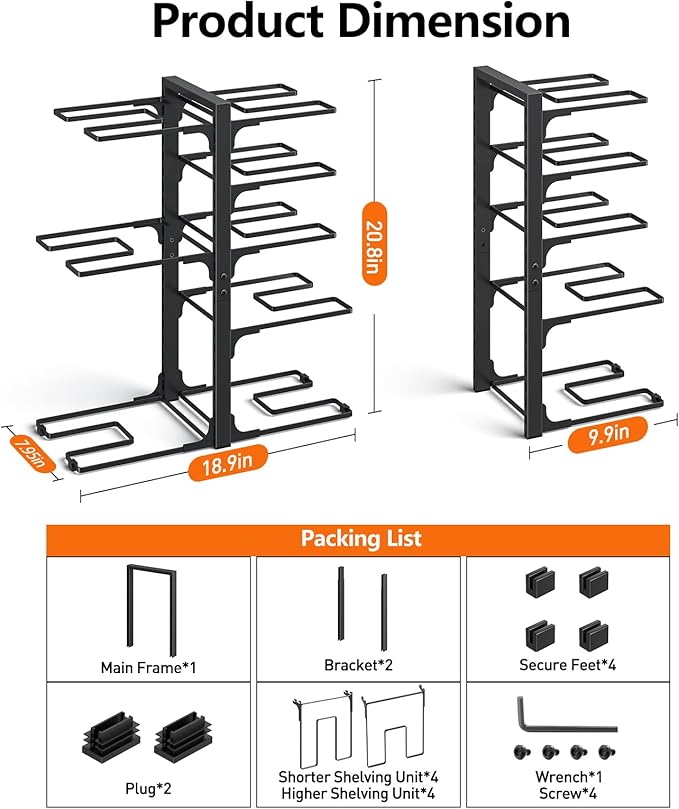 MUDEELA Pots and Pans Organizer under Cabinet 20.8" Height, Heavy Duty Adjustable Pot Pan Organizers inside Cabinet, 8-Tier Kitchen Cabinet Organizers and Storage for Big Stockpots, Heavy Cookware - Image 6