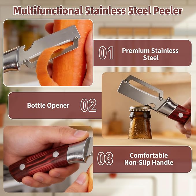 Multifunctional Vegetable Peeler, 2 in 1 Stainless Steel Fruit Veggie Peeler, Handheld Potato Peeler Knife with Bottle Opener Kitchen Tool for Peeling Carrrot Pineapple Pumpkin Papaya(2 Pack) - Image 3