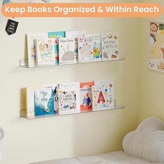 upsimples 2 Pack 35.5x5.5 Inches Acrylic Shelves for Wall Storage, Floating Bookshelves for Kids, Display Shelf Organizer for Bathroom, Bedroom, Living Room, Kitchen, Clear - Image 4