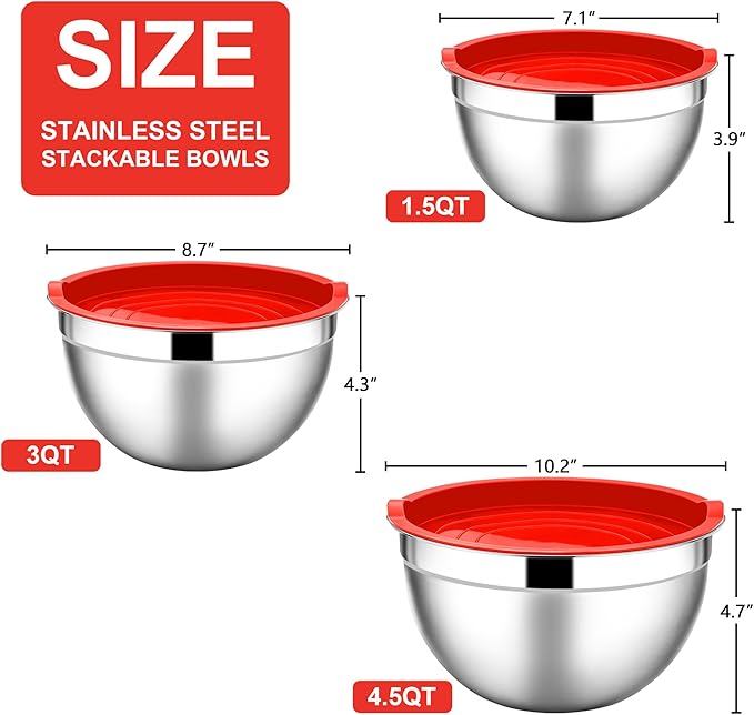 E-far Mixing Bowls with Lids, 6-Piece Stainless Steel Salad Bowls Metal Nesting Bowls for Baking Cooking and Prepping, Airtight Lids & Stackable Design, Size 4.5, 3, 1.5 QT (Red) - Image 2