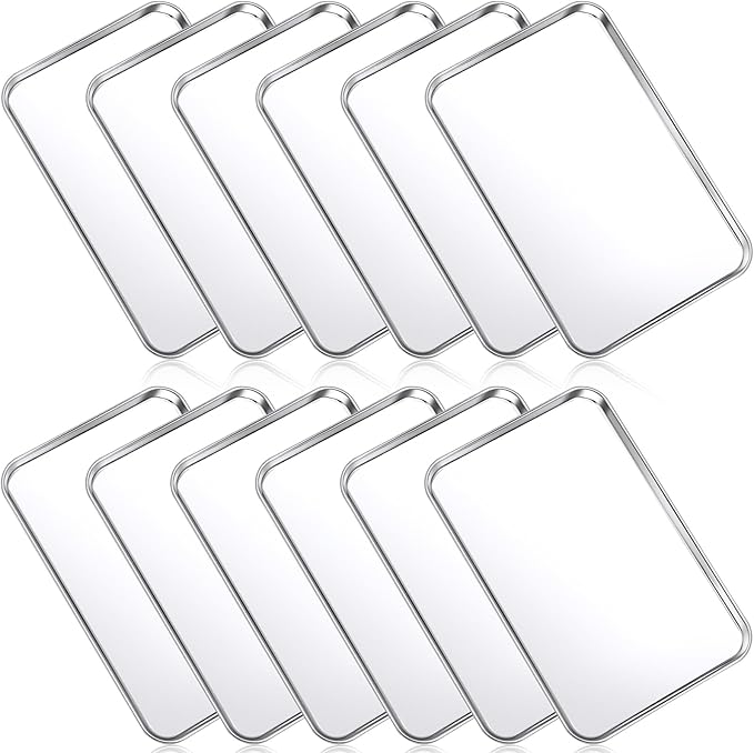 Mimorou 12 Pcs Baking Sheet Stainless Steel Cookie Sheet Small Metal Pans Professional Rectangle Oven Trays Kitchen Baking Cooking Oven and Toaster, Dishwasher Safe(8 x 5.9 Inches)