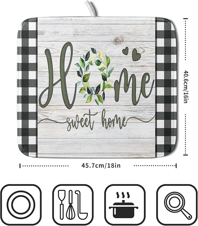 Giwawa Home Sweet Home Dish Drying Mat 16x18 Inch Spring Summer Green Leaf Wreath Dish Drainer Mats Rustic Wood Board Microfiber Dish Drying Rack Pad for Kitchen Countertop Farmhouse Decor
