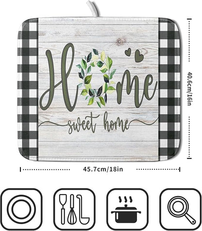 Giwawa Home Sweet Home Dish Drying Mat 16x18 Inch Spring Summer Green Leaf Wreath Dish Drainer Mats Rustic Wood Board Microfiber Dish Drying Rack Pad for Kitchen Countertop Farmhouse Decor