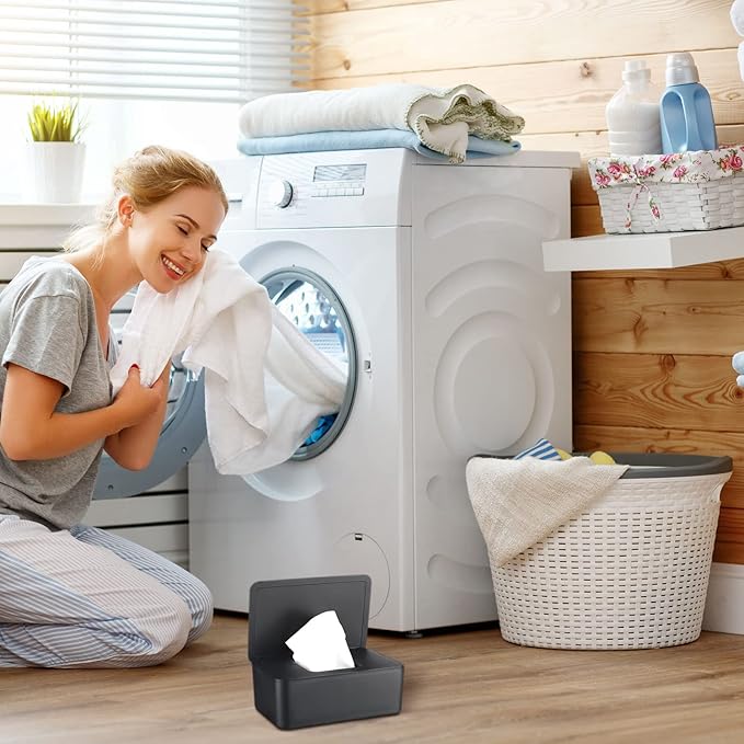 Newtay Dryer Sheet Holder with Hinged Lid,Plastic Dryer Sheet Dispenser Container Storage Box Fabric Softener Sheets Holder for Laundry Room Decor(Black)