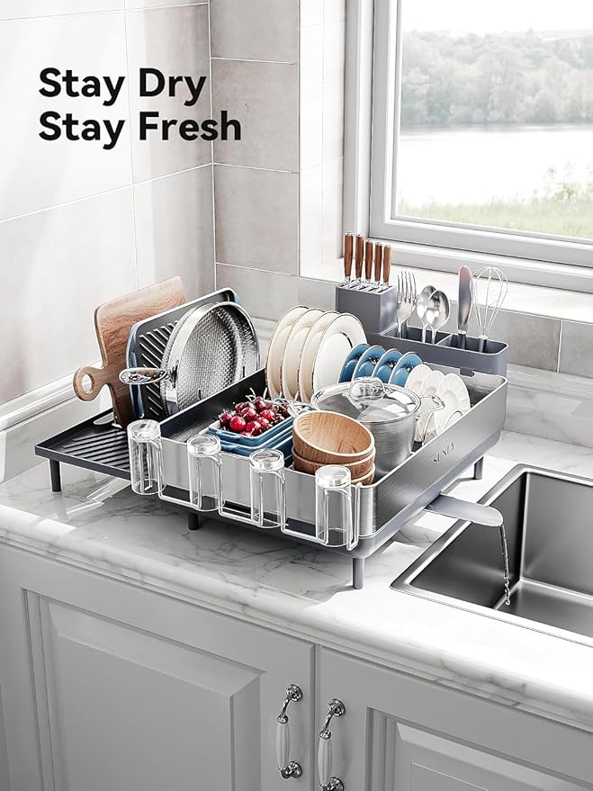 SUNLY Large Dish Drying Rack, Expandable Dish Racks for Kitchen Counter, Space Saving 304 Stainless Steel Drying Rack Kitchen, Extra Large Drainer with Multifunctional Flip Up Pegs, Gray - Image 8