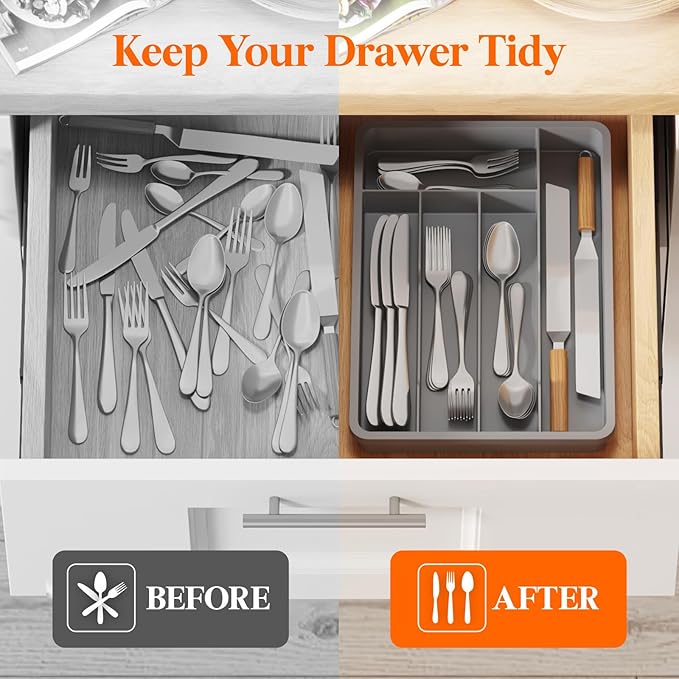 Lifewit Silverware Drawer Organizer Tray, Plastic Cutlery Storage for Kitchen, Flatware and Utensil Holder Divider for Spoons Forks Knives Tableware, 9.5 x 13.4", 5 Slots, Gray - Image 7
