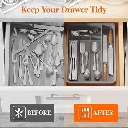 Lifewit Silverware Drawer Organizer Tray, Plastic Cutlery Storage for Kitchen, Flatware and Utensil Holder Divider for Spoons Forks Knives Tableware, 9.5 x 13.4", 5 Slots, Gray - Image 7