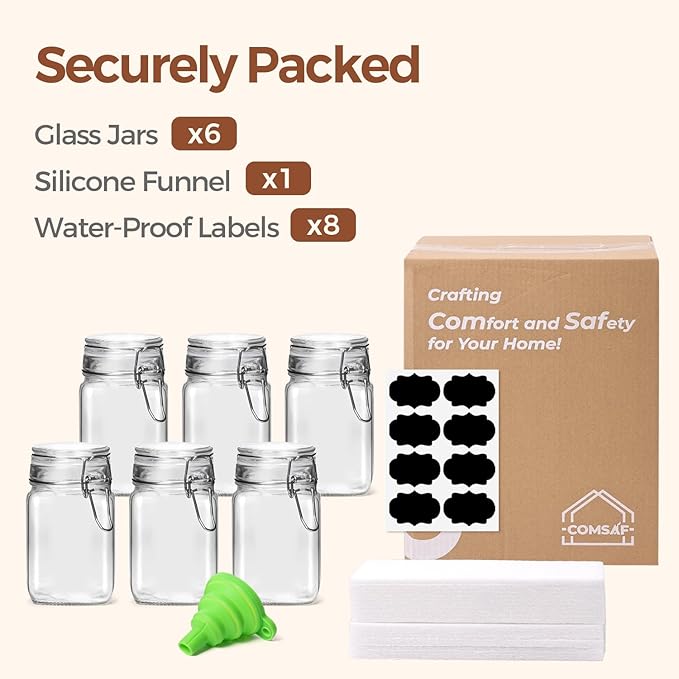 ComSaf Set of 6 Square Glass Jars with Airtight Lids (8 Oz), Pantry Canisters for Spices, Jams, & Herbs, Wire Clamp Jar for Overnight Oats, Pickling, Favors, Includes Labels & Funnel - Image 8