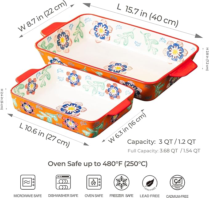 Ceramic Baking Dish Set of 2, 3QT & 1.2QT Stoneware Casserole Dishes for Oven, Rectangular Bakeware with Handles, Oven Safe 480°F, Microwave Dishwasher Safe, Lasagna & Brownie Pan – Warm Orange